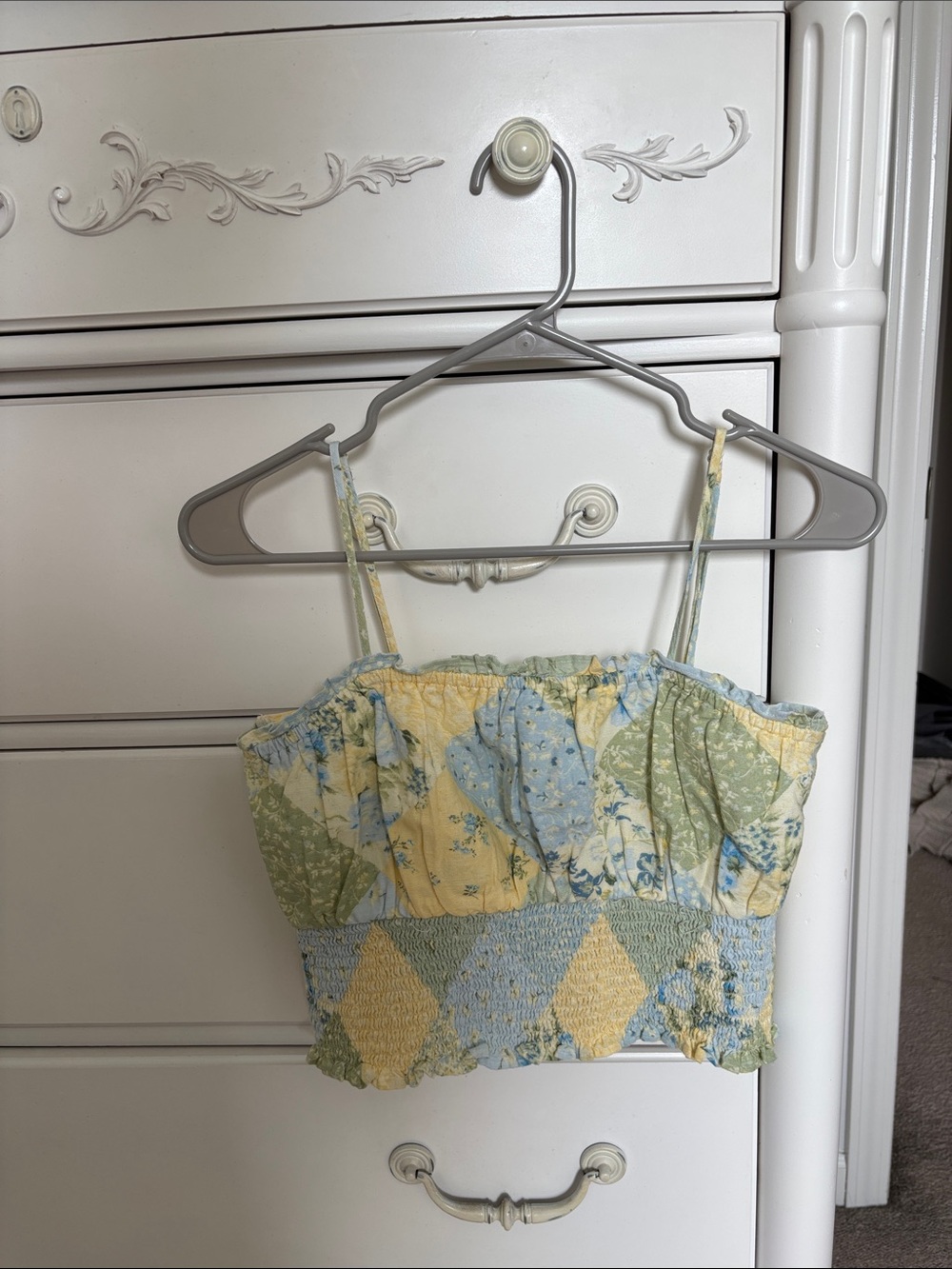American Eagle Outfitters Patchwork Smocked Crop Tank in Yellow Blue Green